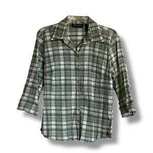 Lemon Grass Crepe Feather-Light Greens Button Down 3/4 Sleeve Shirt Perfect New